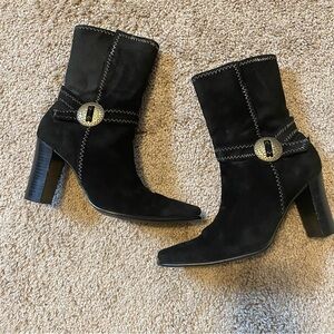 Black suede Heeled Boots with Silver Buckle
